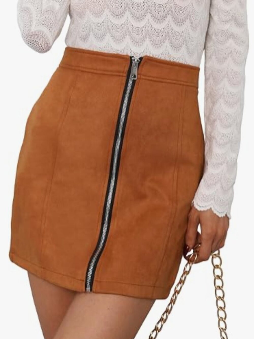 Front-Zip Faux Suede Mini Skirt in Camel